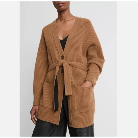 VINCE Belted Ribbed Wool and Cashmere-Blend Cardigan - Picture 1 of 8
